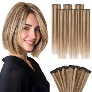 6PCS Clip-In Hair Extensions Human Hair 10 Inch Medium Brown Dark Blonde